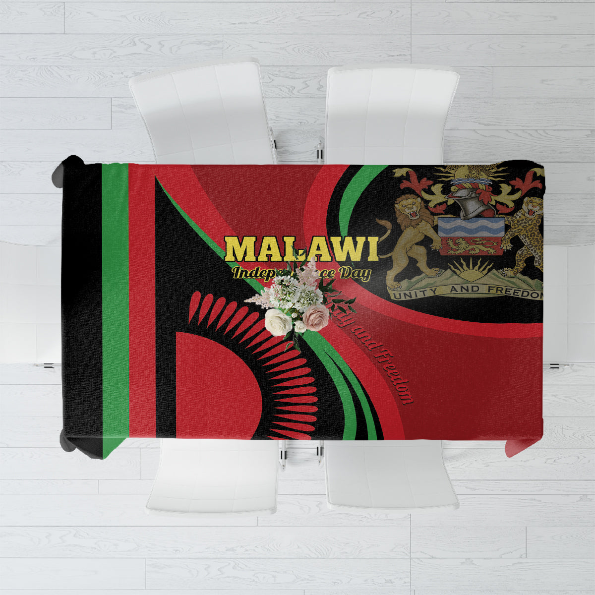 Black Malawi Independence Day tablecloth with red, green, and emblem graphic print