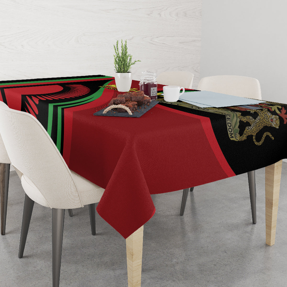 Black Malawi Independence Day tablecloth with red and green geometric stripe pattern and lion emblem