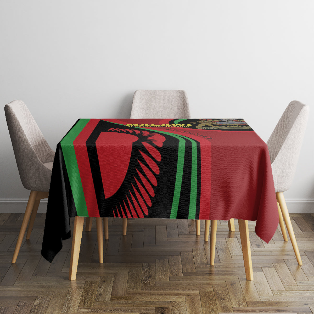 Black tablecloth with red and green striped Malawi Independence Day design on dining table