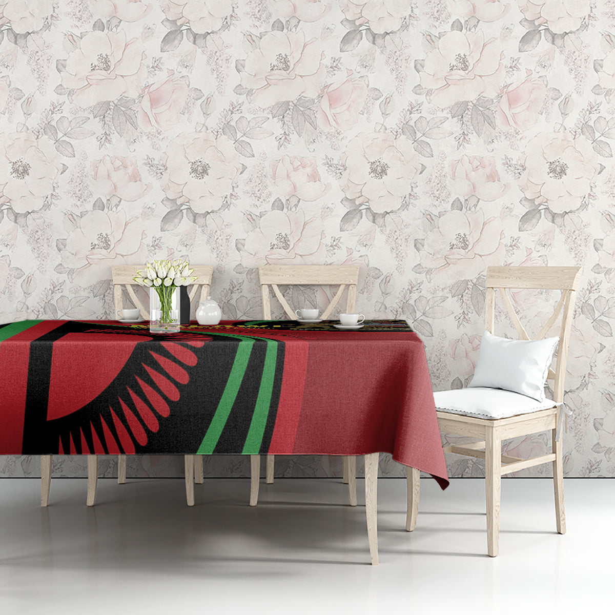 Black Malawi Independence Day tablecloth with red center panel and green stripe accents
