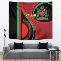 Wall-hung Malawi independence day tapestry in black, red, and green with shield emblem
