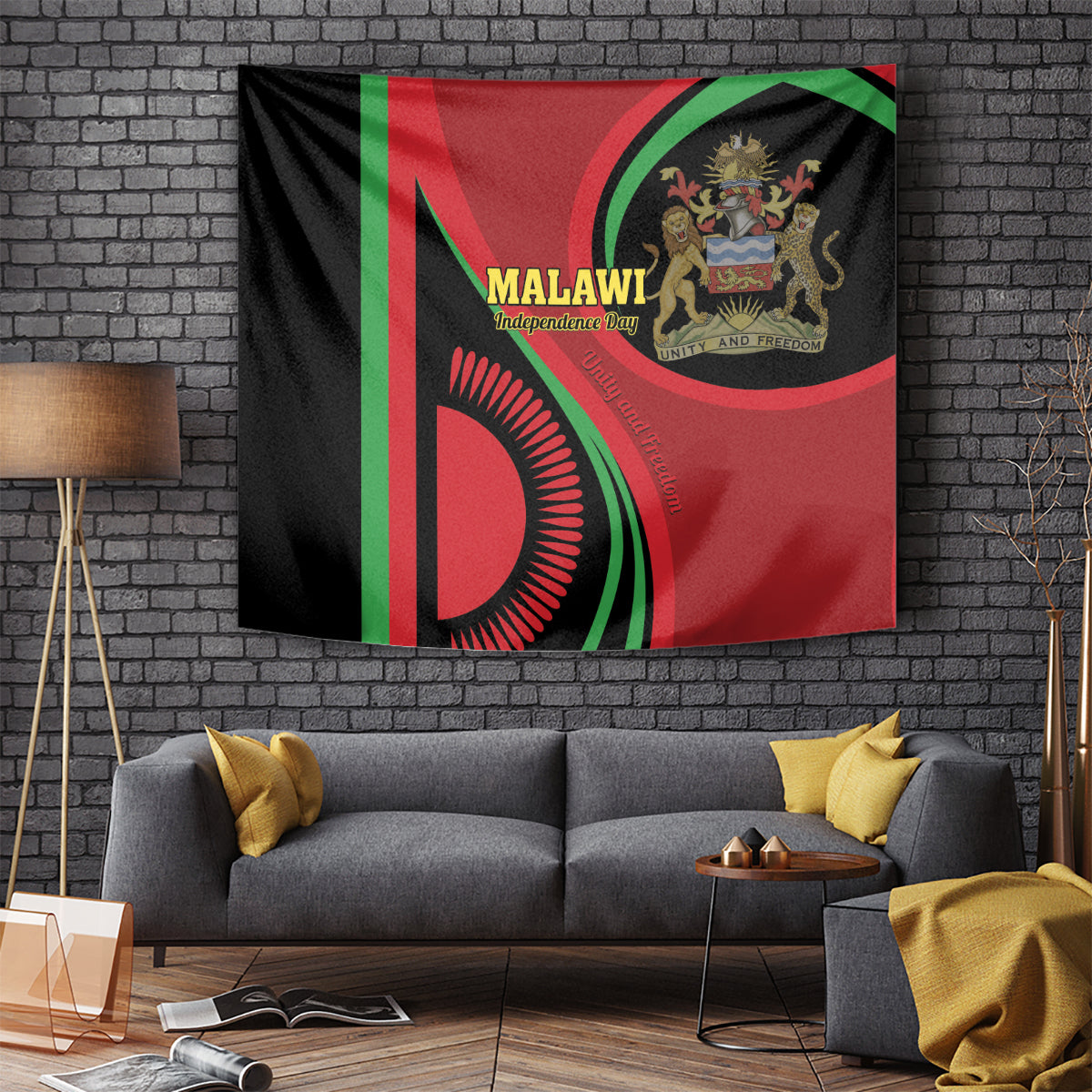 Malawi independence day tapestry with Malawi title, shield emblem, and red-green striped design