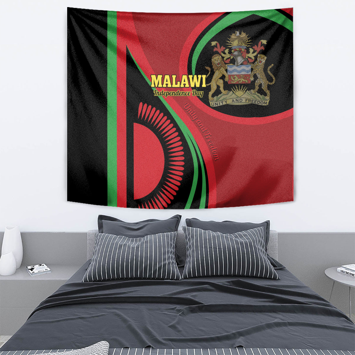 Malawi independence day tapestry with black side stripe, red field, and green shield emblem