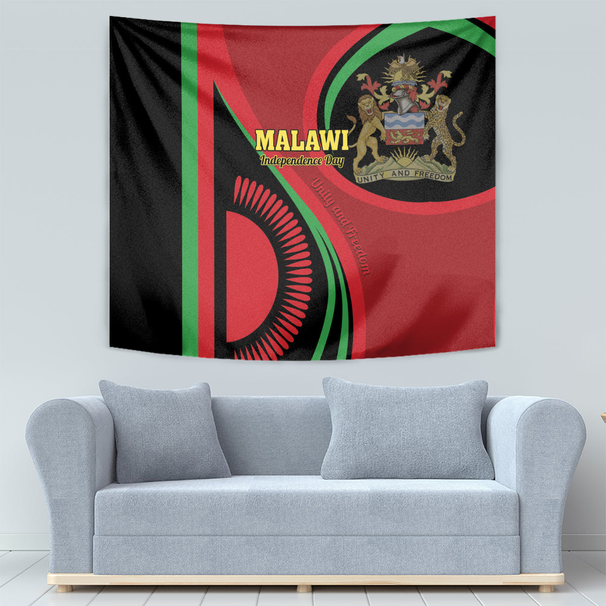 Malawi independence day tapestry with black, red, and green flag design and shield emblem