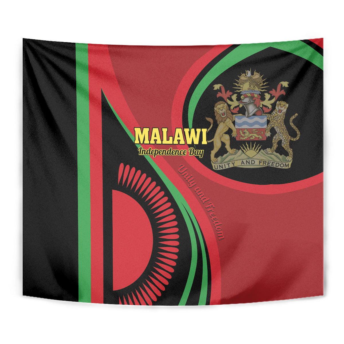 Black red green Malawi independence day tapestry with shield emblem and large spiral graphic