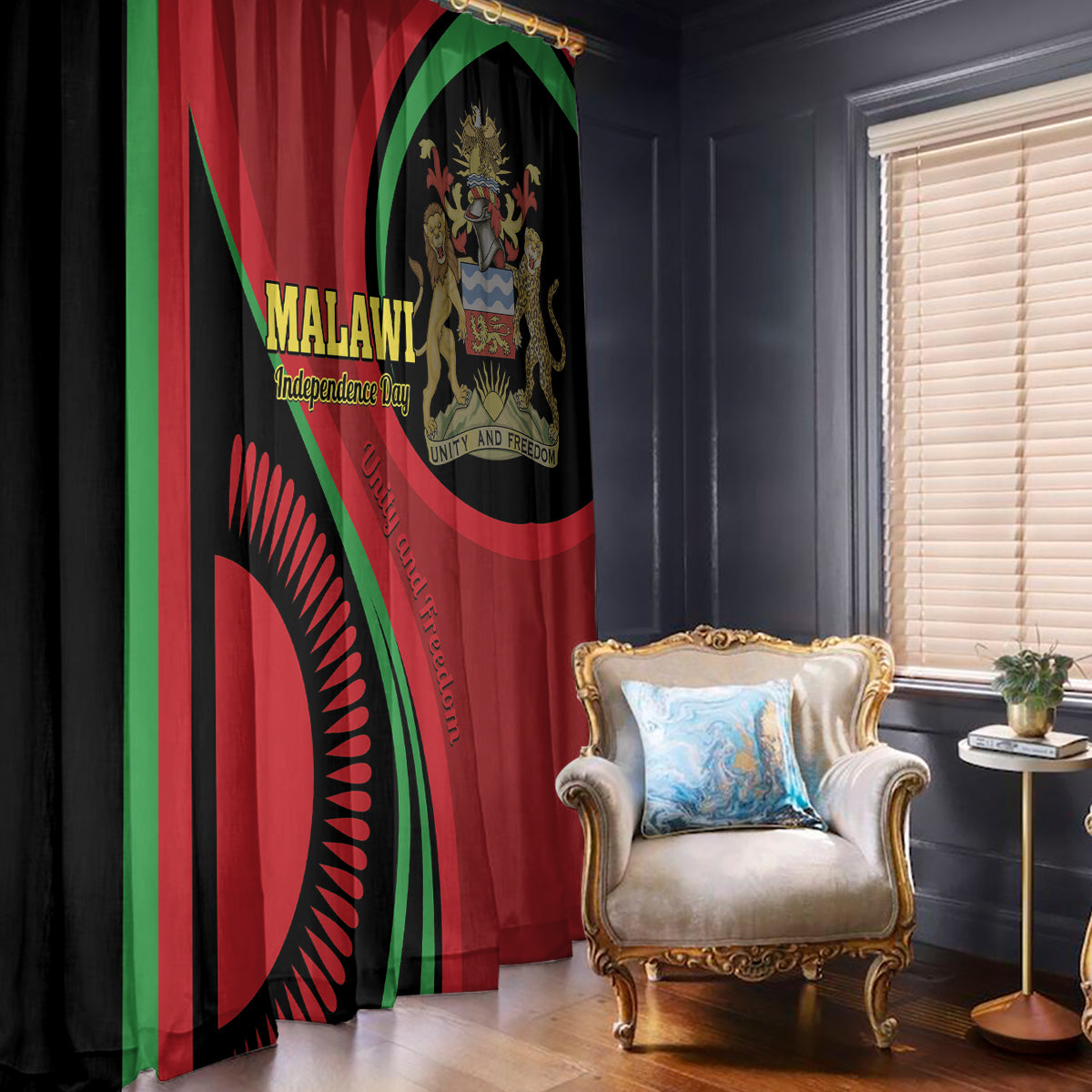 Malawi-themed window curtain draped beside armchair; black red green flag print