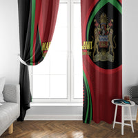 Close view of Malawi-themed window curtains with red panels and green-black crest