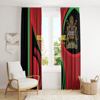 Malawi-themed window curtain panels with red, green, and black design at two windows