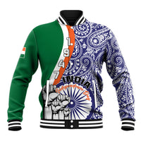 Green and blue paisley baseball jacket with ribbed striped collar and front graphic