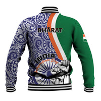 Blue paisley baseball jacket back with BHARAT and INDIA graphics, ribbed striped cuffs