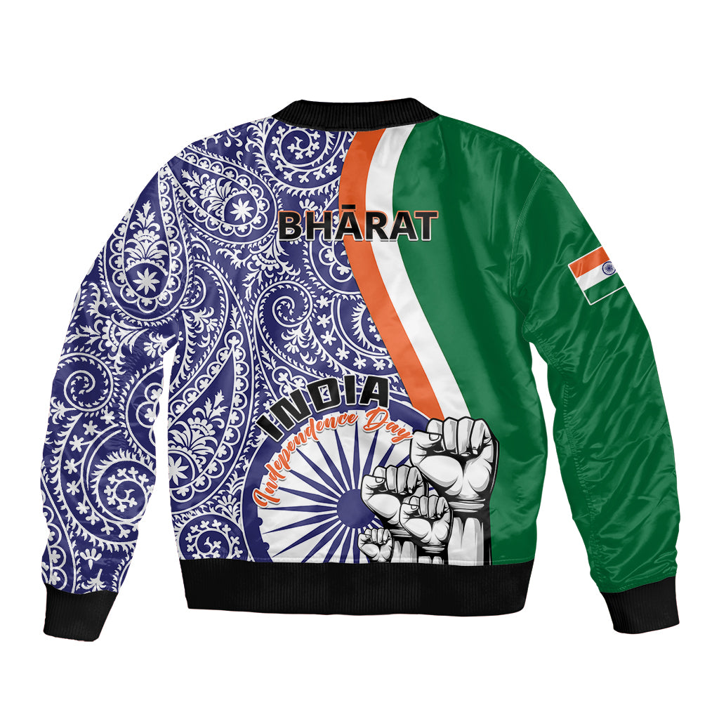 Unisex bomber jacket, navy paisley front with green back panel and Bharat/India graphics