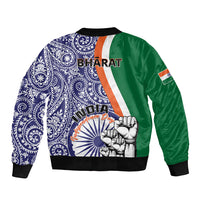 Unisex bomber jacket, navy paisley front with green back panel and Bharat/India graphics