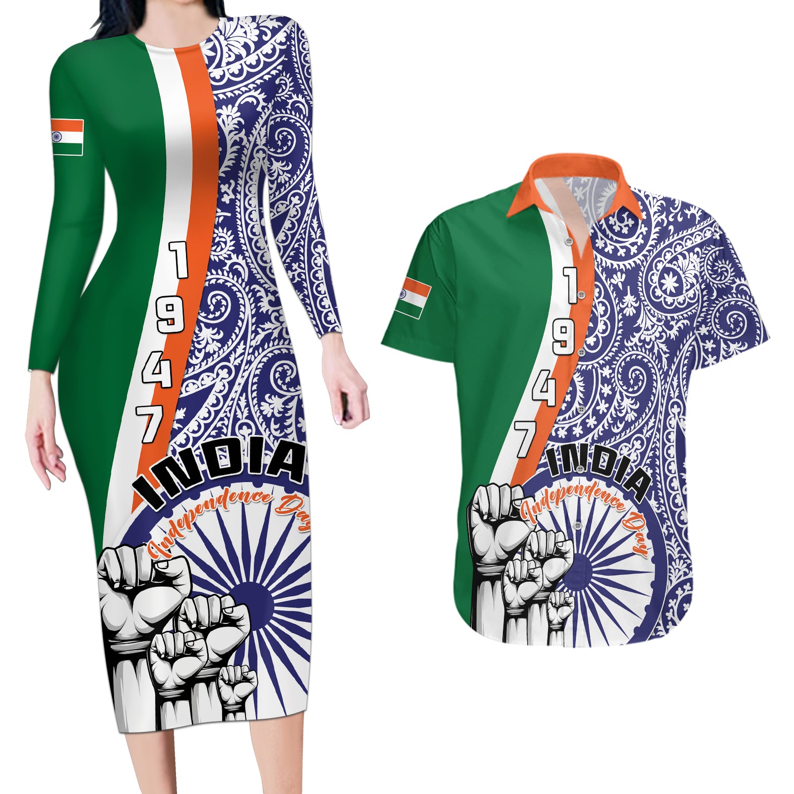 India Independence Day Couples Matching Long Sleeve Bodycon Dress and Hawaiian Shirt Indian Paisley Pattern - Wonder Print Shop