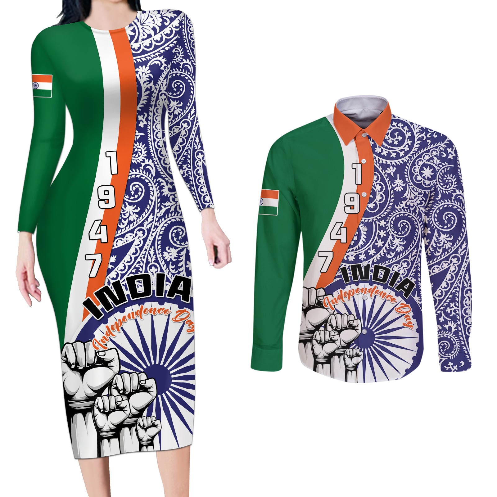 India Independence Day Couples Matching Long Sleeve Bodycon Dress and Long Sleeve Button Shirts Indian Paisley Pattern - Wonder Print Shop