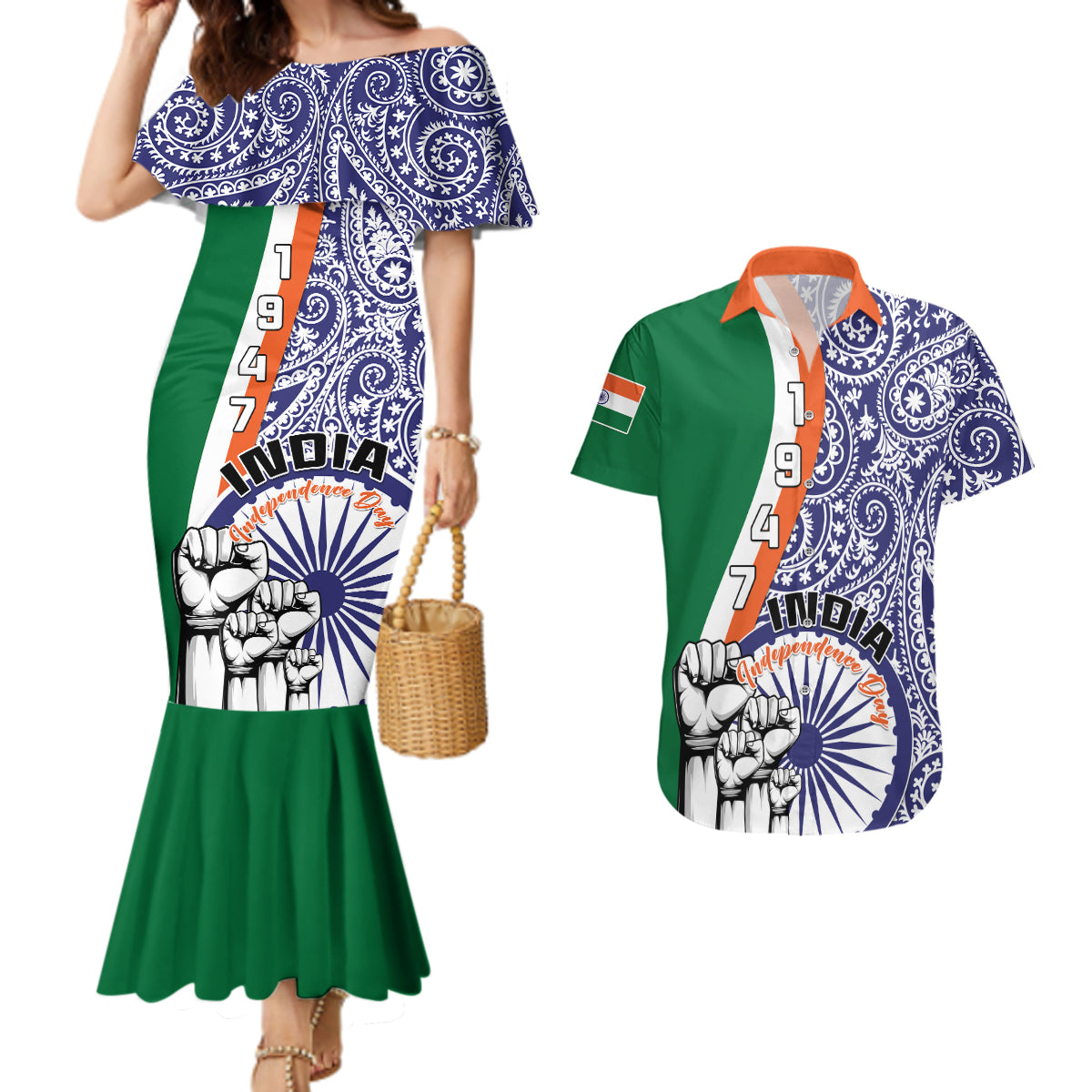 India Independence Day Couples Matching Mermaid Dress And Hawaiian Shirt Indian Paisley Pattern - Wonder Print Shop