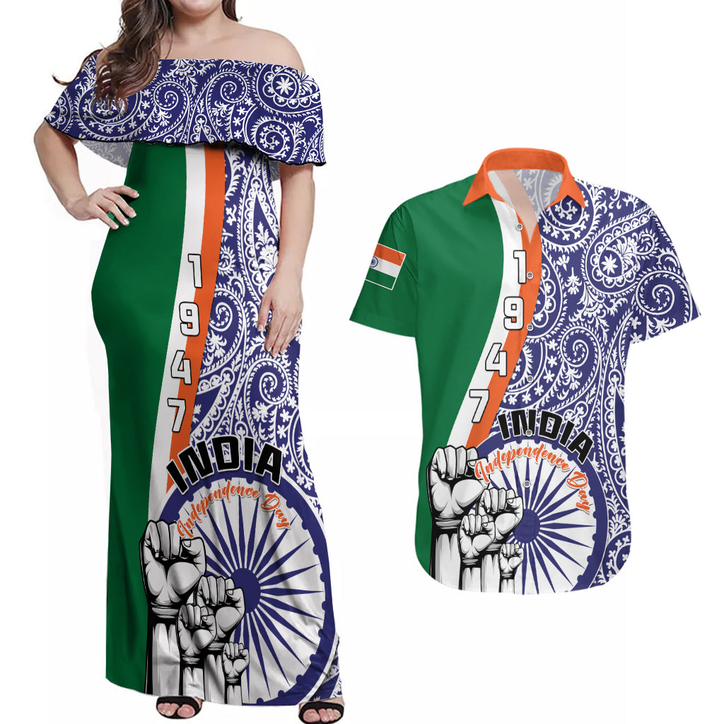 India Independence Day Couples Matching Off Shoulder Maxi Dress and Hawaiian Shirt Indian Paisley Pattern - Wonder Print Shop