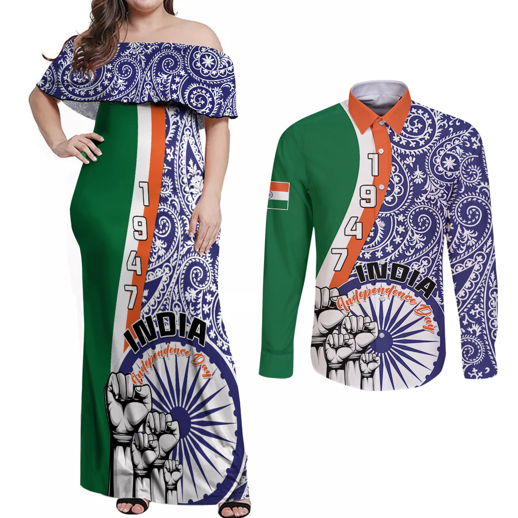 India Independence Day Couples Matching Off Shoulder Maxi Dress and Long Sleeve Button Shirts Indian Paisley Pattern - Wonder Print Shop