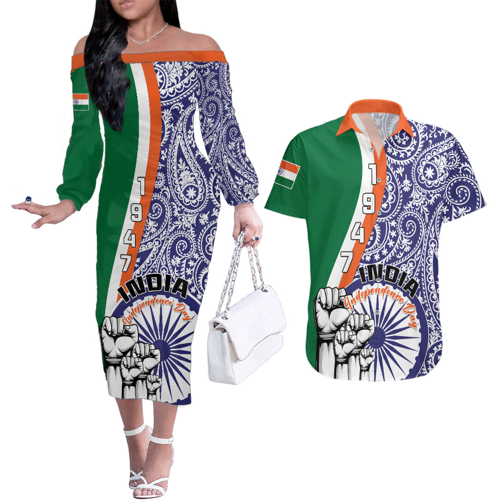 India Independence Day Couples Matching Off The Shoulder Long Sleeve Dress and Hawaiian Shirt Indian Paisley Pattern - Wonder Print Shop