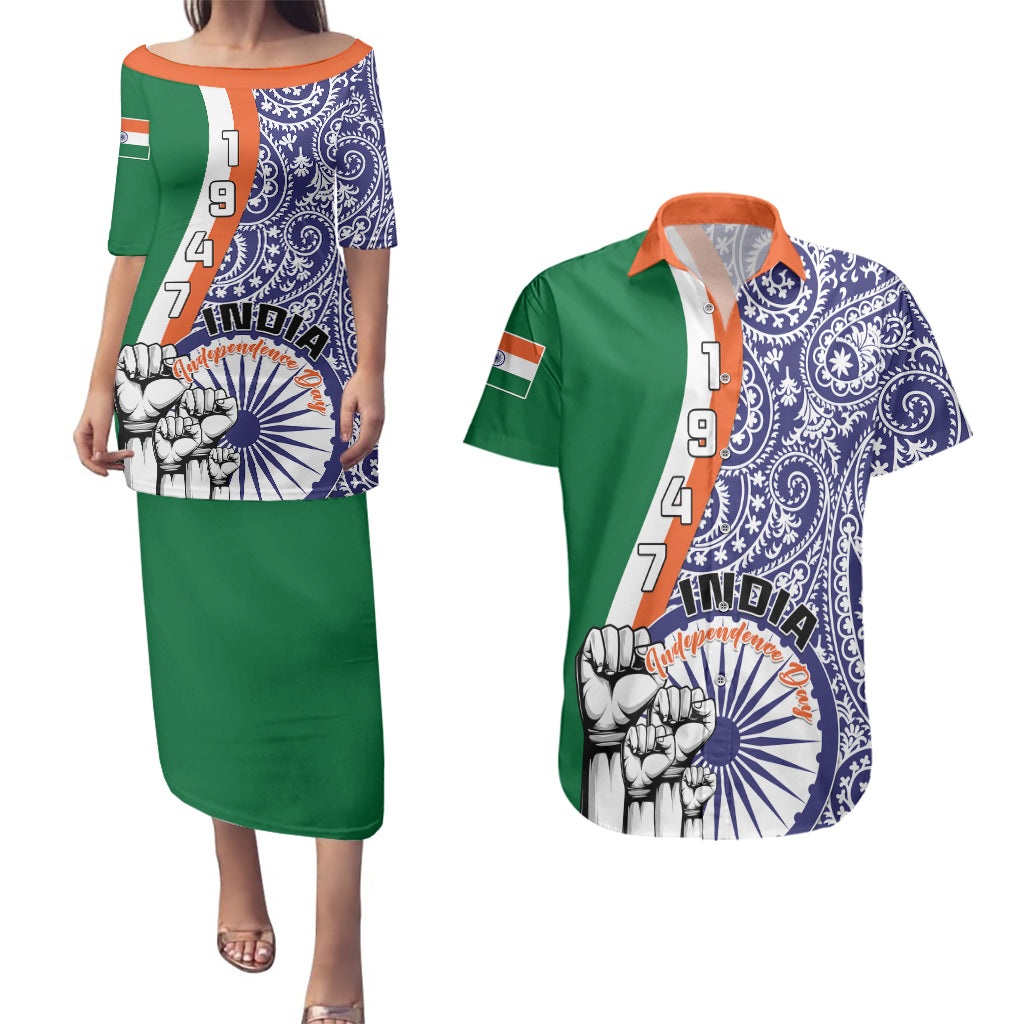 India Independence Day Couples Matching Puletasi Dress and Hawaiian Shirt Indian Paisley Pattern - Wonder Print Shop