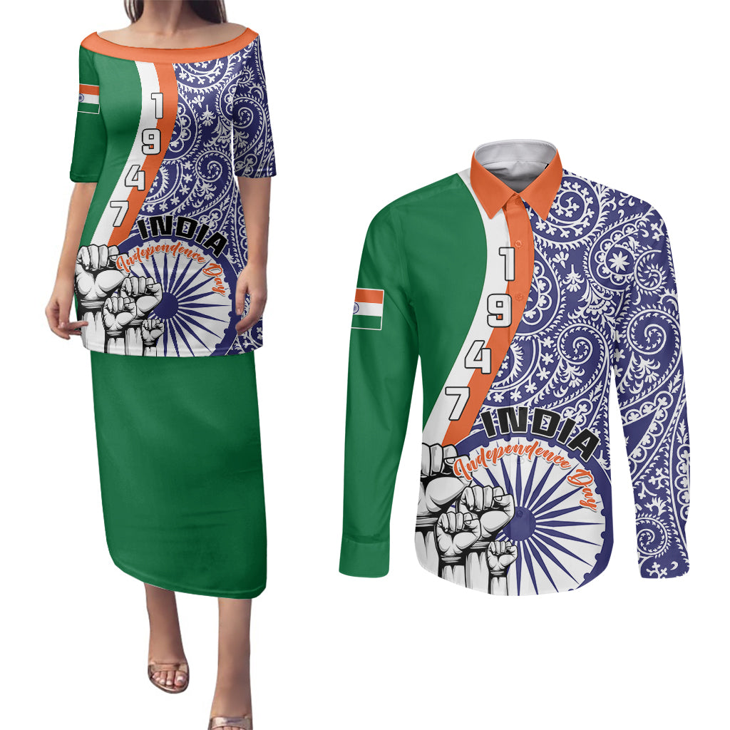 India Independence Day Couples Matching Puletasi Dress and Long Sleeve Button Shirts Indian Paisley Pattern - Wonder Print Shop