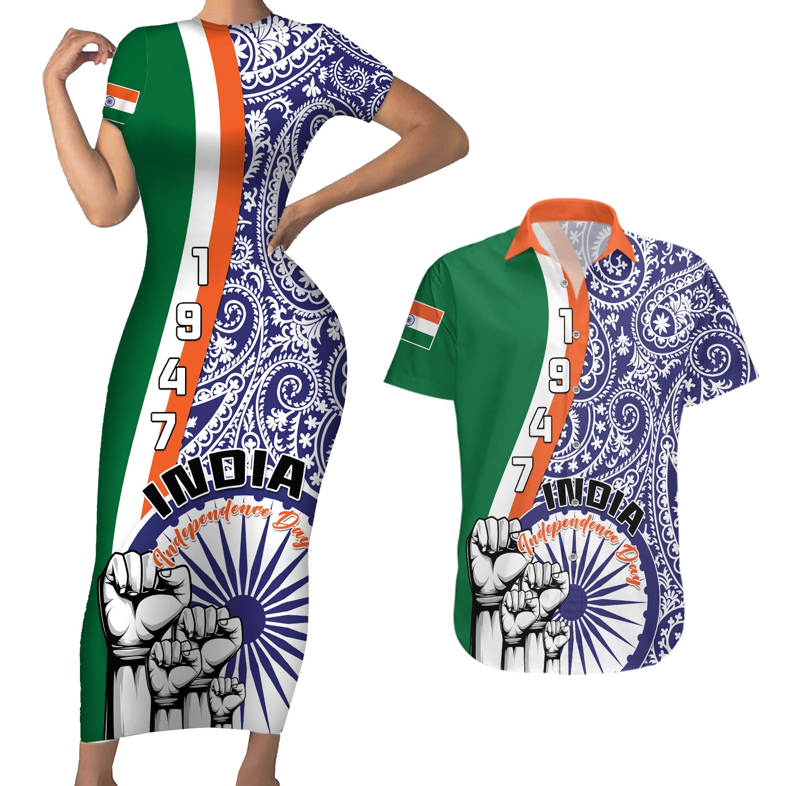 India Independence Day Couples Matching Short Sleeve Bodycon Dress and Hawaiian Shirt Indian Paisley Pattern - Wonder Print Shop