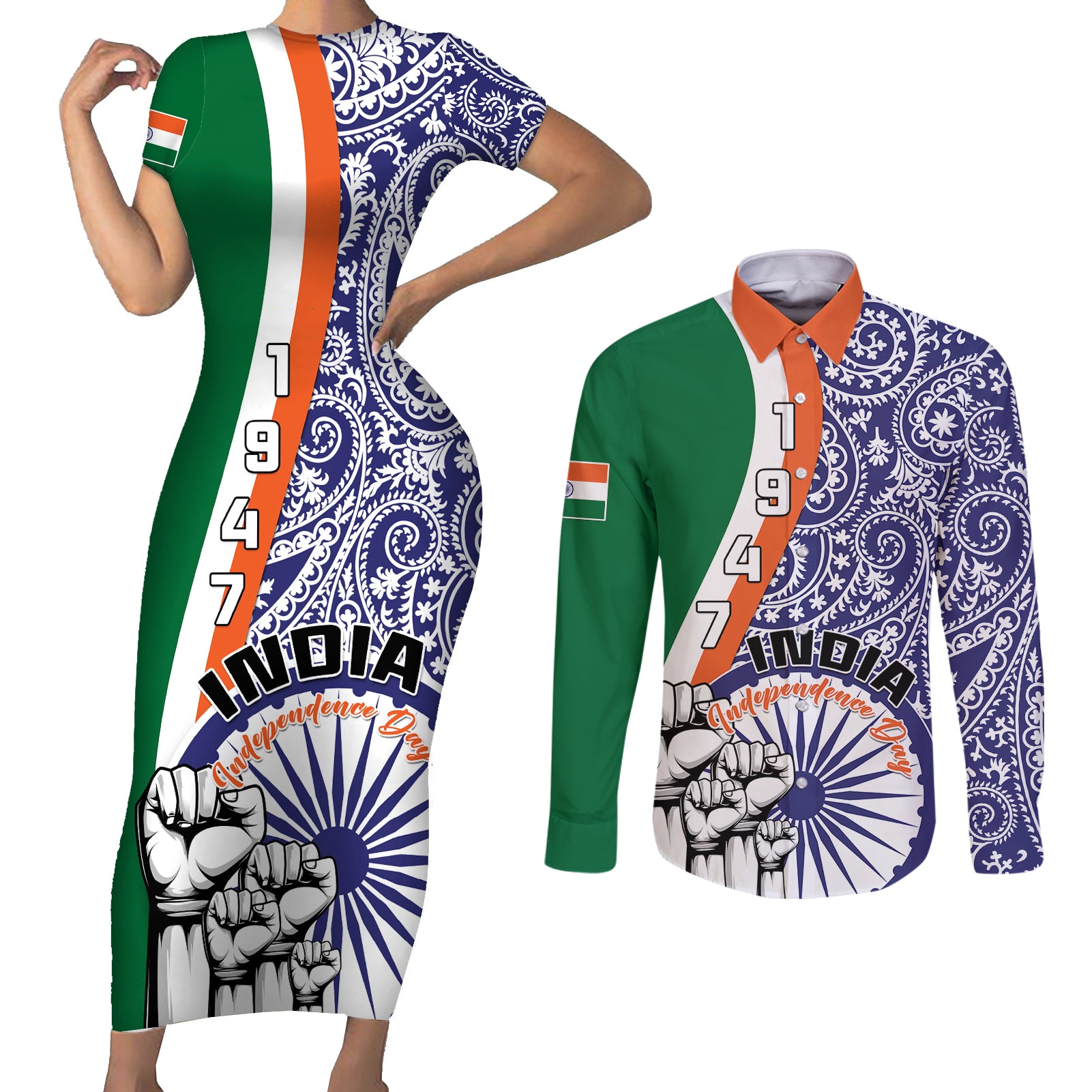 India Independence Day Couples Matching Short Sleeve Bodycon Dress and Long Sleeve Button Shirts Indian Paisley Pattern - Wonder Print Shop