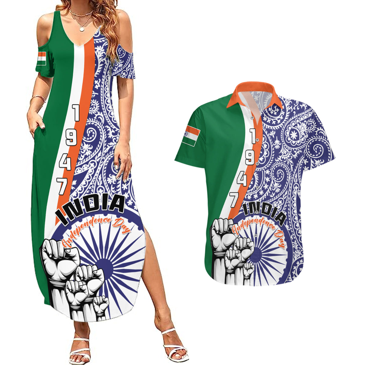 India Independence Day Couples Matching Summer Maxi Dress and Hawaiian Shirt Indian Paisley Pattern - Wonder Print Shop