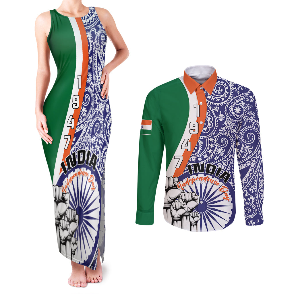 India Independence Day Couples Matching Tank Maxi Dress and Long Sleeve Button Shirts Indian Paisley Pattern - Wonder Print Shop