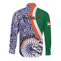 Long-sleeve button shirt back in navy paisley with Bharat/India text, orange collar, green sleeves
