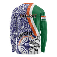 Unisex long-sleeve shirt back with navy paisley, green side panels, Bharat/India text