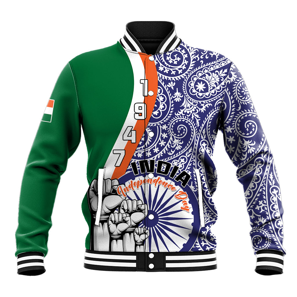 Color-block baseball jacket with blue paisley print, green panel, striped ribbed cuffs