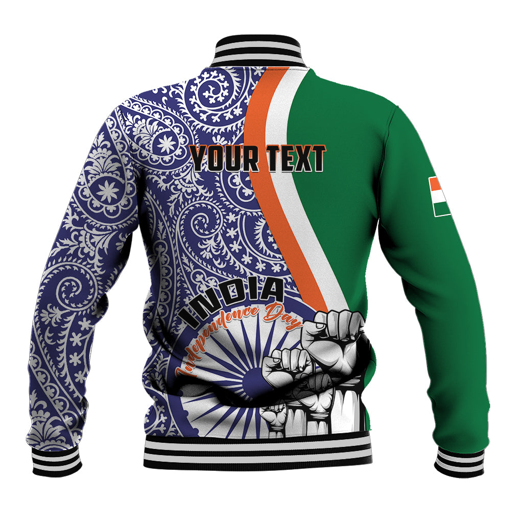 Baseball jacket with blue paisley back, India graphic, green side panel, striped ribbed hem