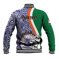 Baseball jacket with blue paisley back, India graphic, green side panel, striped ribbed hem