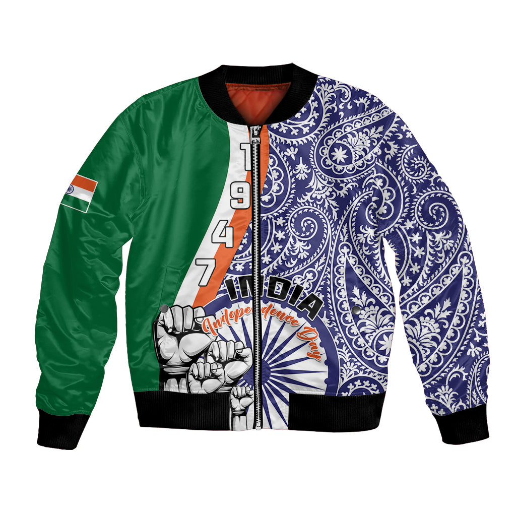 Two-tone bomber jacket with blue paisley print and green sleeves, zip front, ribbed cuffs