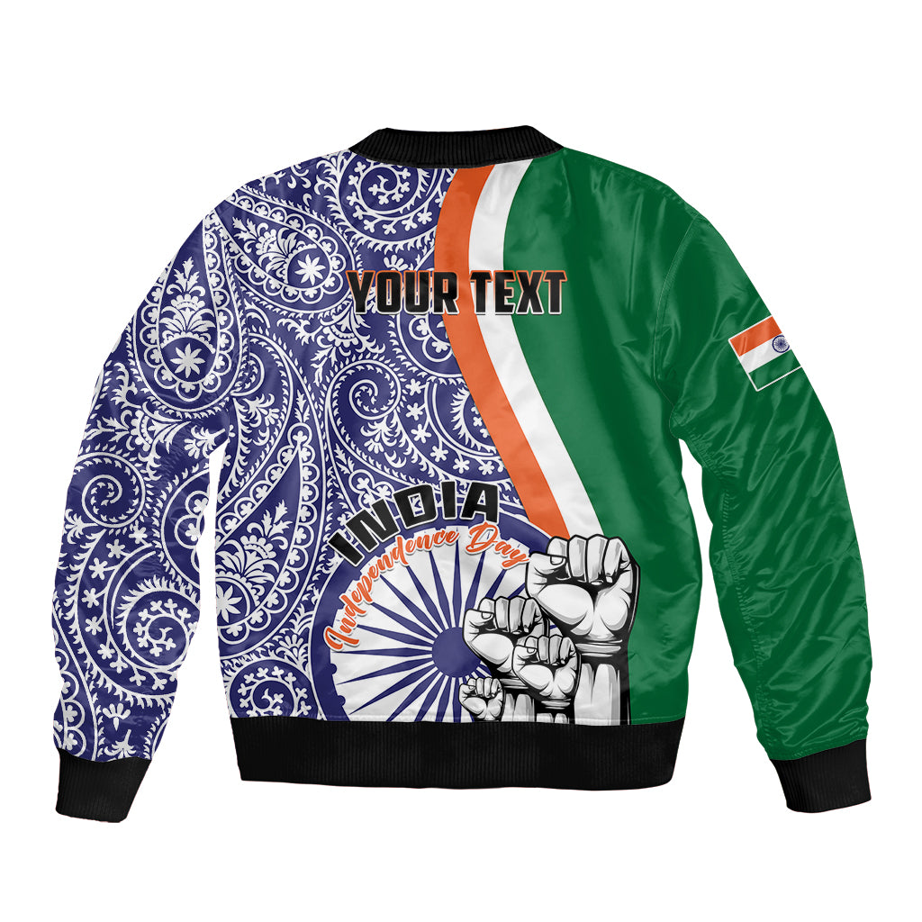 Bomber jacket with blue paisley back, green side panels, custom text area, ribbed hem