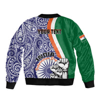 Bomber jacket with blue paisley back, green side panels, custom text area, ribbed hem