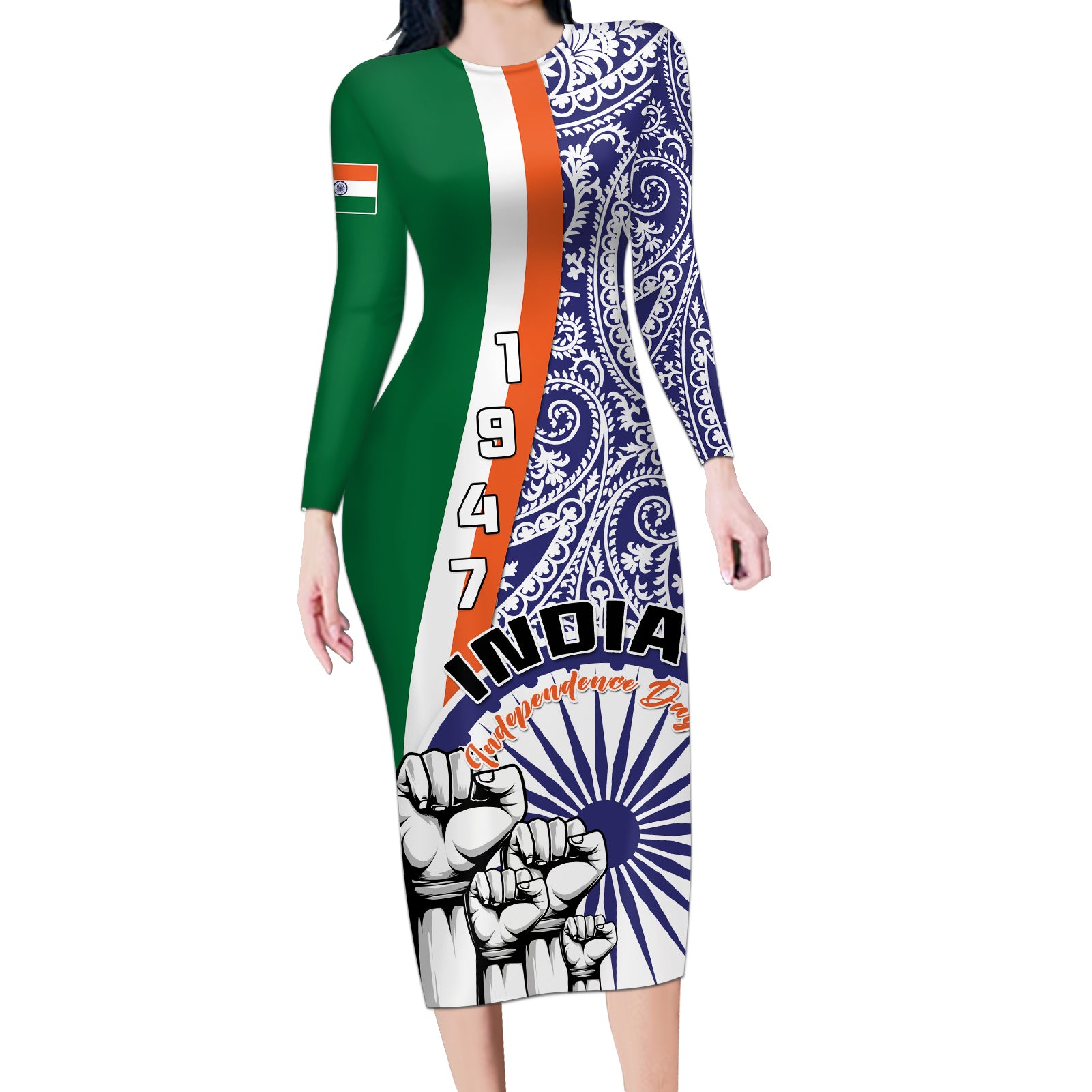 Personalised India Independence Day Long Sleeve Bodycon Dress Indian Paisley Pattern - Wonder Print Shop