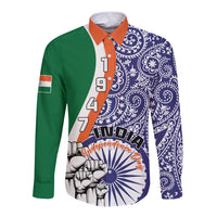 Long sleeve button shirt, blue paisley print with tricolor panels and Independence Day graphic
