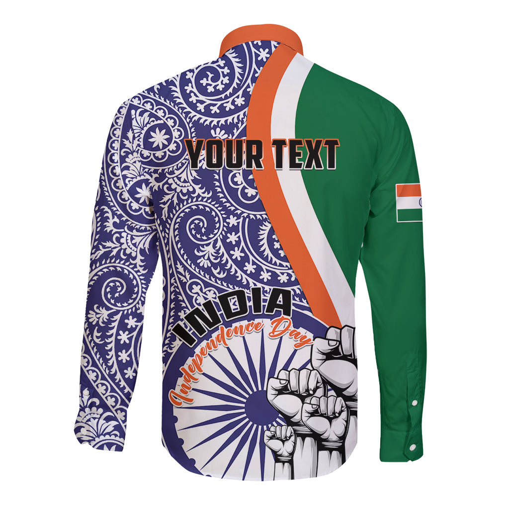 Back view long sleeve button shirt with blue paisley, tricolor sleeve stripe, YOUR TEXT print