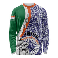 Long sleeve Independence Day shirt with blue paisley front, green sleeves, orange accents.
