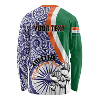 Long sleeve Independence Day shirt, blue paisley back with orange stripe, green sleeves.