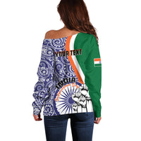Women’s off-shoulder sweater back, navy paisley with green sleeve and 'YOUR TEXT' panel