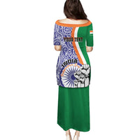 Long dress with blue paisley back, tricolor band, Your Text and hand graphic
