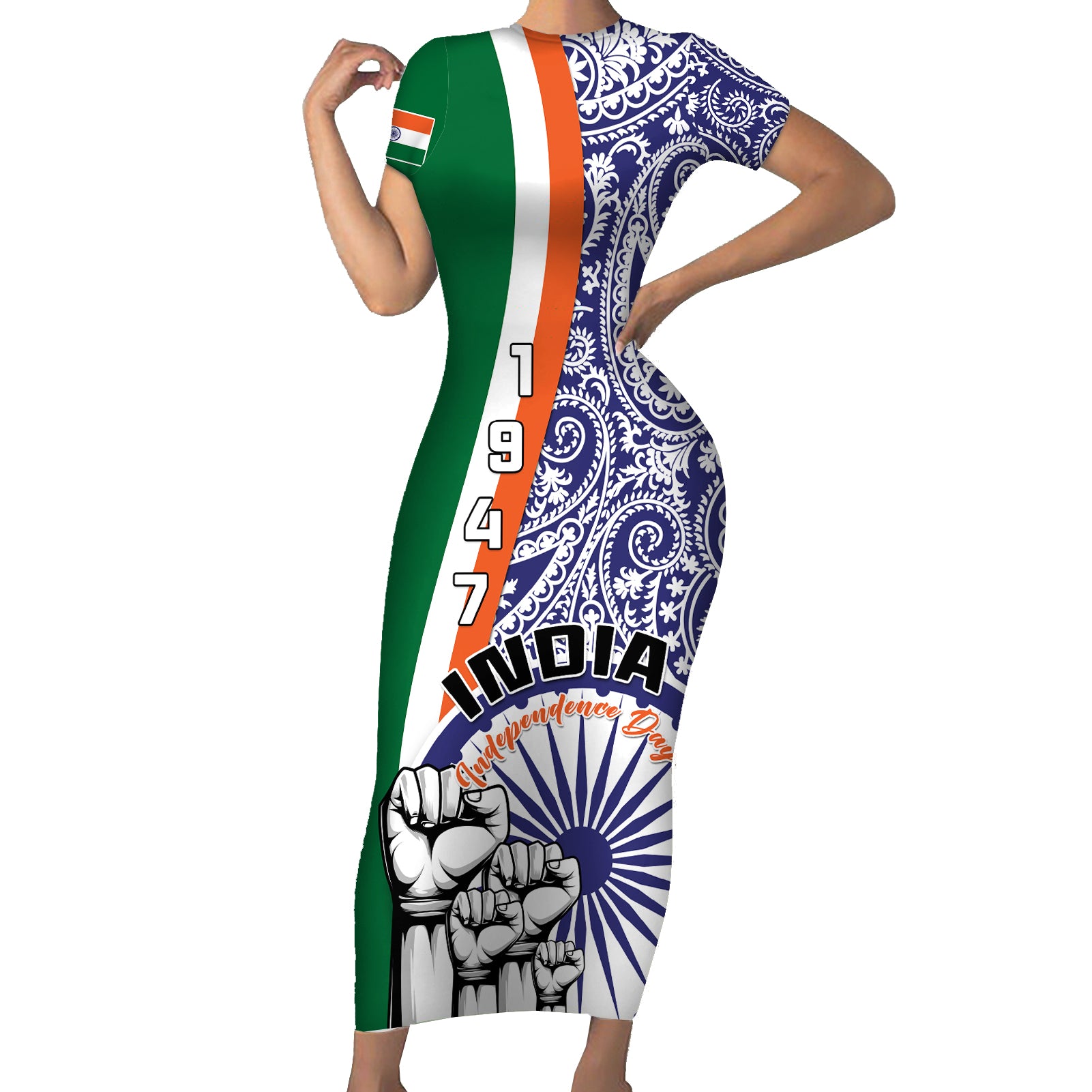 Personalised India Independence Day Short Sleeve Bodycon Dress Indian Paisley Pattern - Wonder Print Shop