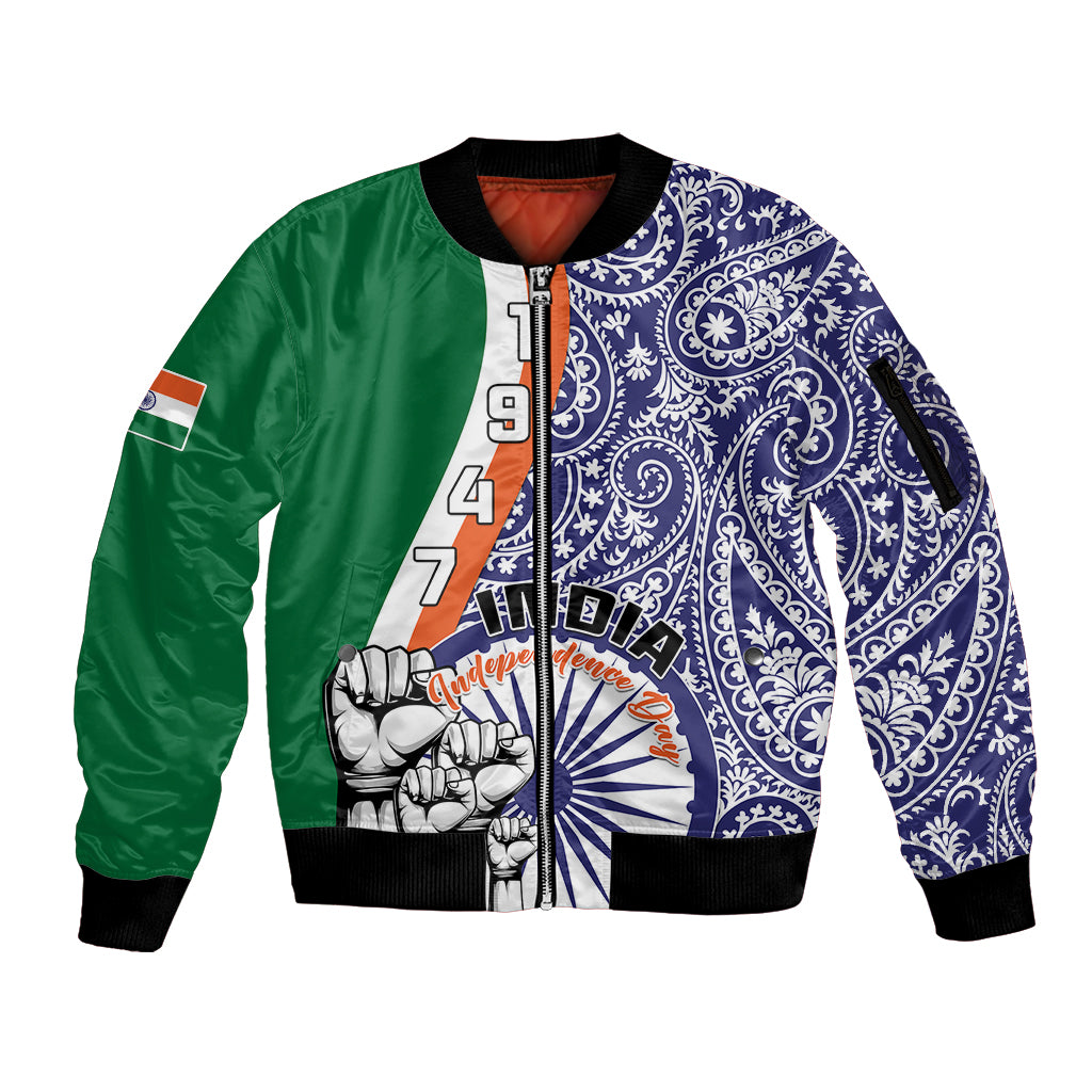 Personalised India Independence Day Sleeve Zip Bomber Jacket Indian Paisley Pattern - Wonder Print Shop