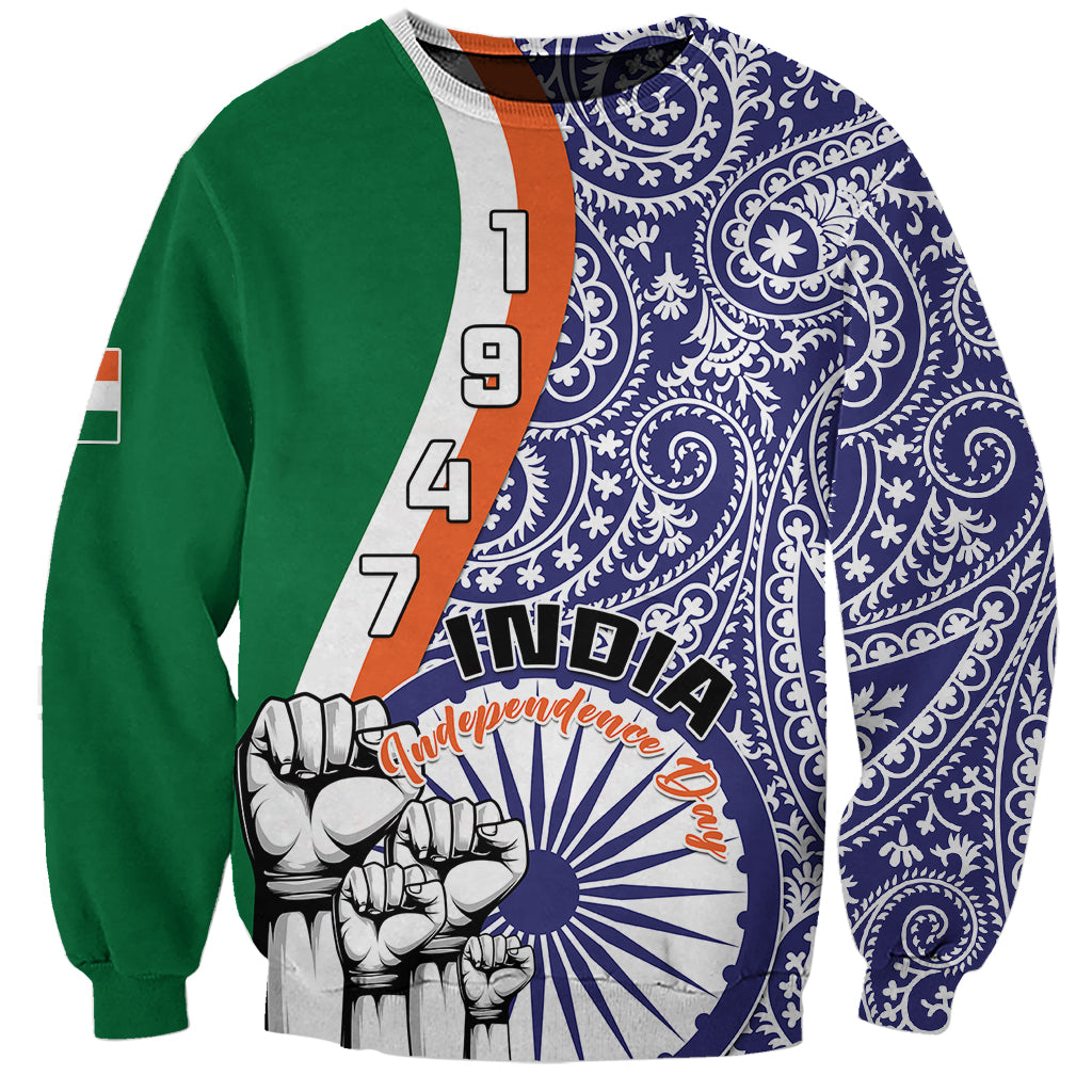 Unisex sweatshirt: navy paisley print, green sleeves, orange stripe, Independence Day graphic