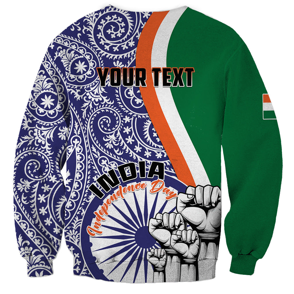 Unisex sweatshirt with back YOUR TEXT, navy paisley, green sleeves, Independence Day print