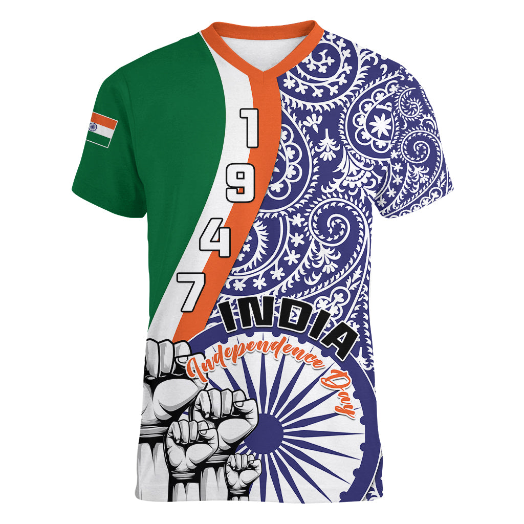 Personalised India Independence Day Women V Neck T Shirt Indian Paisley Pattern - Wonder Print Shop