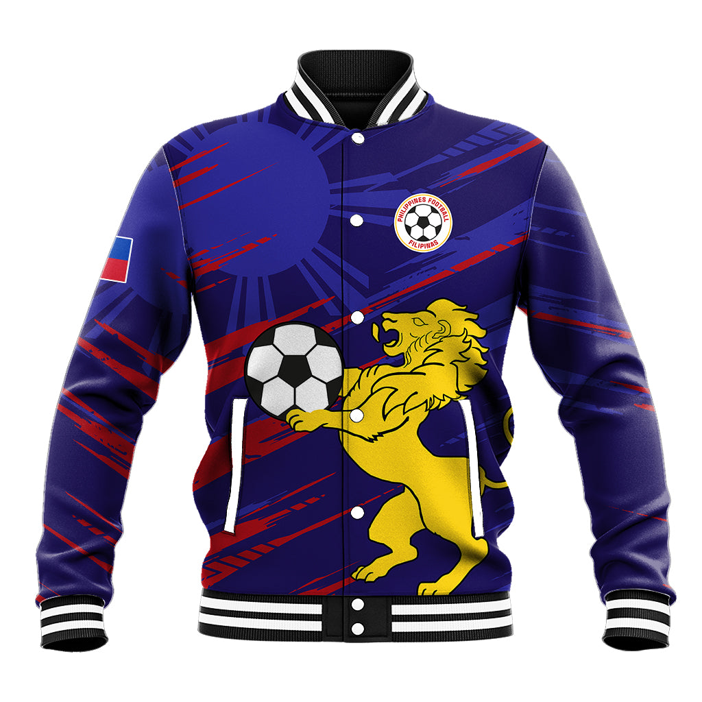 Blue baseball jacket with lion and soccer ball graphic, snap front, striped sleeves
