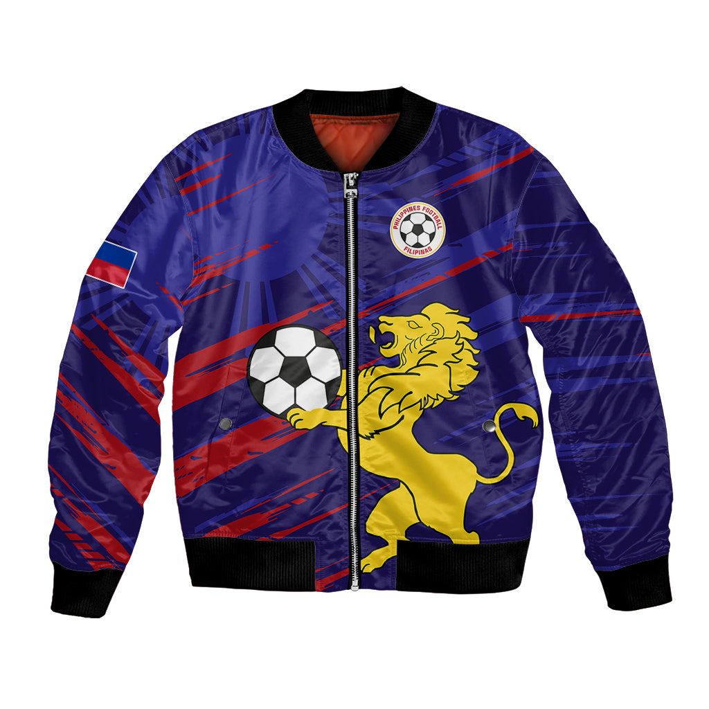 Blue bomber jacket with front zipper, lion and soccer ball patches